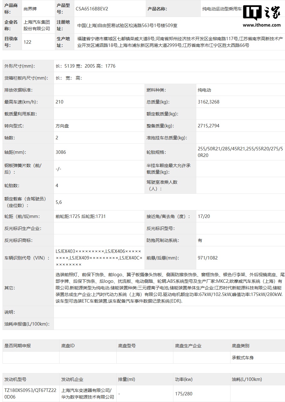 鸿蒙智行尚界 Z9 纯电动 SUV 申报:可选单 / 双电机、5 座 / 6 座 尚界Z9双电机版参数